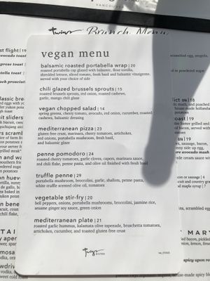 Vegan menu  at Twigs Bistro in Vancouver