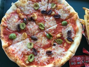 'Olive It' pizza veganized at Kerouac's Restaurant in Baker