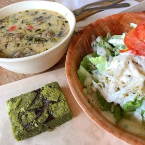Veggie Miso soup, side salad with lots of sprouts, baked matcha mochi (aka niangao) at Peace Cafe in Honolulu