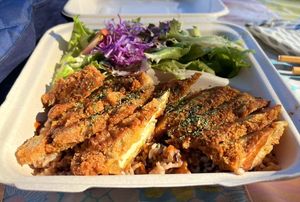 Katsu curry plate, half tempeh half tofu katsu at Peace Cafe in Honolulu
