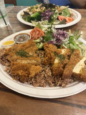 Katsu plate with half tofu/half tempeh - we liked the tofu better   at Peace Cafe in Honolulu