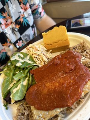 Dry cornbread, no flavor in the “bbq” tempeh   at Peace Cafe in Honolulu