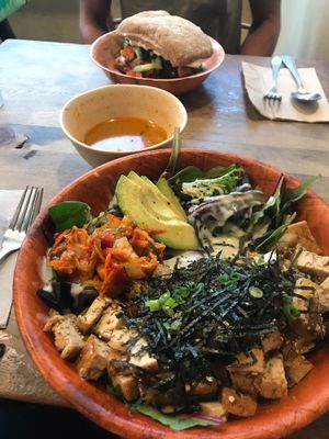 Poke bowl close, miso soup (yum!) and Hanoi sandwich (half, big!) at Peace Cafe in Honolulu