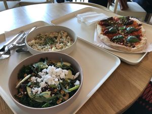 Russian potato and kale salad, pesto pinsa  at Tolstoy in Vienna