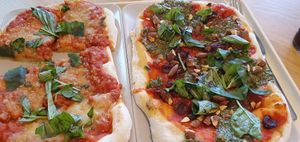 meat lovers and hemp pesto amazing pinsas at Tolstoy in Vienna