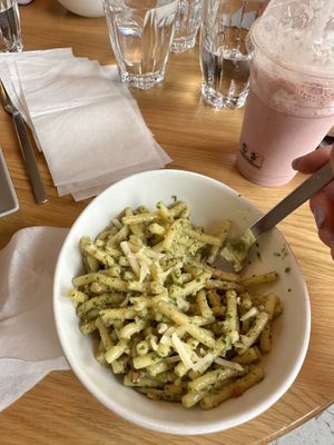 Vegan pesto, and oat milkshake   at Tolstoy in Vienna