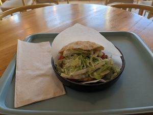 Hemp Pesto "Chicken" Pita with lettuce, tomato & ranch dressing at Tolstoy in Vienna