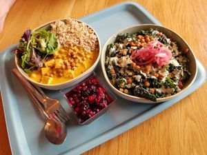 Kale ceasar, tofu tikka masala, chocolate pudding - looked pretty but nothing tasted good :-( at Tolstoy in Vienna