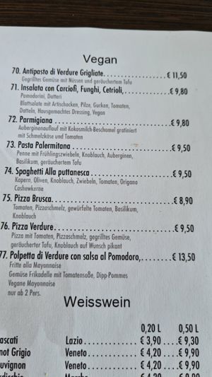 Auszug aus der veganen Karte at Osteria Vecchi Amici in Bischofsheim