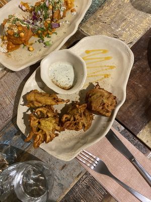 Starters - onions bahjis and croquettes   at Cinnamon in Sitges