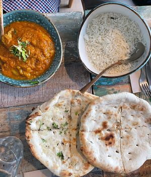 Aubergine sauce, rice and Indian bread  at Cinnamon in Sitges