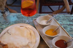 Papadam and homemade sauces    at Cinnamon in Sitges