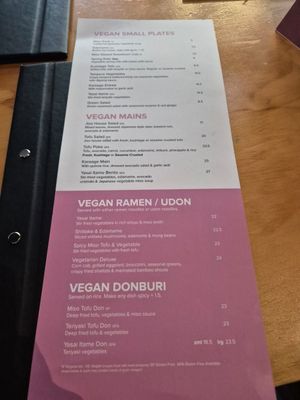 Vegan menu at Jizo Japanese Cafe & Bar in Dunedin
