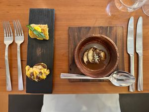 a trio of starters – mushroom soup, cauliflower and a potato croquette at Kota Restaurant in Porthleven