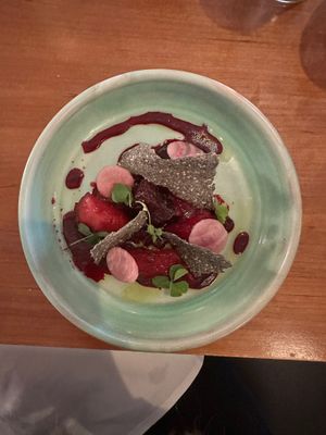 beetroot many ways with chia seed crackers at Kota Restaurant in Porthleven