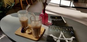 Chai with yoga books... at Jivamukti Yoga Paris in Paris
