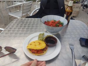 A maize mushroom-tomato pita, gyozas and their quinoa beet salad at Sa Gulita in Ibiza