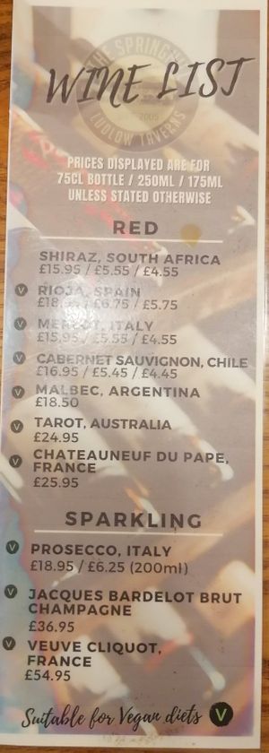 Vegan wine at The Springhill in Wolverhampton