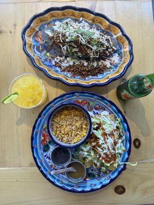 Huarache, salted mango margarita, chicken flautas with refried beans, rice/corn, and house-made Tres Compadres hot sauce, Dos Equis    at Mexhico Restaurant in Barrie