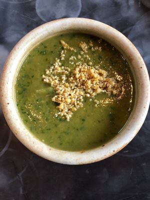 Asparagus Soup with Lemon Pine nut "Parmesan" at Farm To Fork in Bigfork