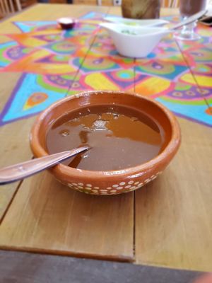 Unexpected xomplimentary soup dish at Vegan21 in San Miguel De Allende