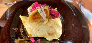 Burrito with chickpea and veggie filling at Vegan21 in San Miguel De Allende