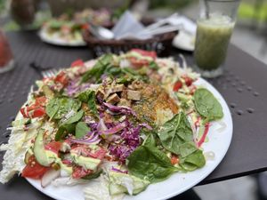 Pasta dish with iced matcha  at Miłość in Poznan