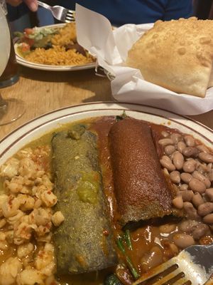 Stuffed spinach enchiladas and sopapilla  at La Choza Restaurant in Santa Fe