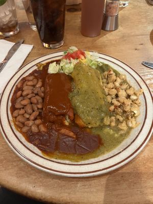 Tamale Platter. Red sauce is insanely hot   at La Choza Restaurant in Santa Fe