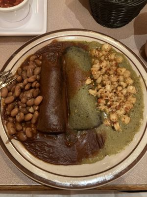 Spinach enchiladas Christmas style without cheesee  at La Choza Restaurant in Santa Fe