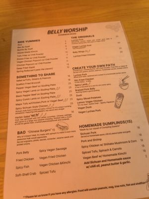 Menu at Belly Worship in Auckland