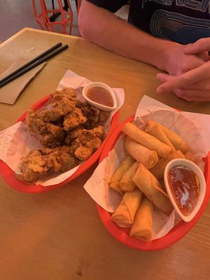 Spring rolls and vegan popcorn chicken at Belly Worship in Auckland