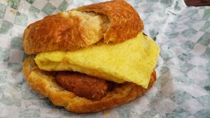 Breakfast sandwich ($6). Pretty tasty! Wish they used tofu instead of Just Egg.  at Veganista in Minneapolis