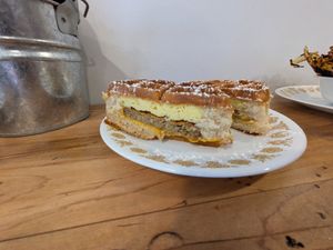 Sausage and egg stuffed waffle at Vida's Plant Based Butcher in Columbus