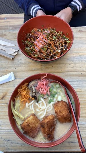 Vegan chicken udon dish & vegan miso ramen (with udon noodles).  at YUZU Street Food in York
