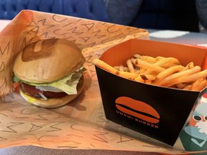 Vegan burger with fries  at Umami Burger - Grandberry Park in Tokyo
