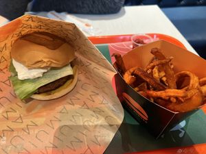 Vegan burger with sweet potato fries  at Umami Burger - Grandberry Park in Tokyo