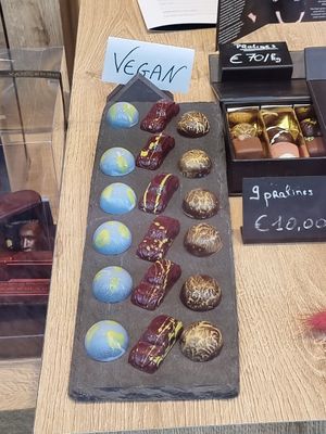Vegan chocolates with label in window at Chocolaterie Vandenbouhede in Ghent