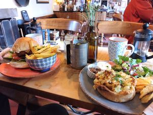 Vegan homity pie & Banana blossom fish style burger at The Flying Childers Inn in Matlock