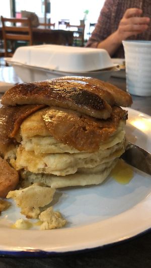 Pancakes with fakon and syrup (plus extra sausages!) at Baobab in Banff