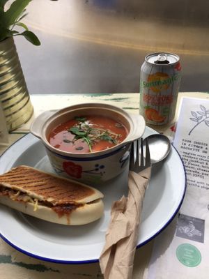 Tomato and basil soup with panini at Baobab in Banff