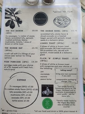 Breakfast menu at Baobab in Banff