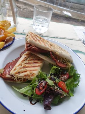 Pastrami, cheeze and gherkin panini at Baobab in Banff