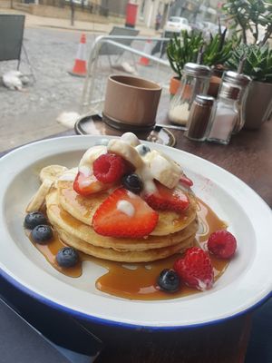 Berry breakfast pancakes at Baobab in Banff