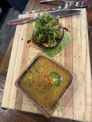 Nubian Burger and lentil soup   at Gigi's Vegan + Wellness Cafe in Kansas City