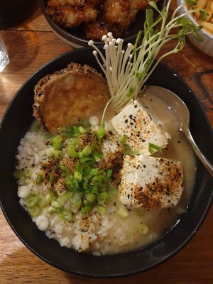 Silken tofu miso soup (with rice instead of udon noodles to make it vegan)  $21.00 at Dr Mauve Bar & Lounge in Bright