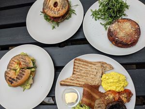 Lasagna, English breakfast, Bagel with jam at Time2Chill in North London