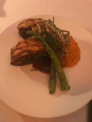 “Beef” Wellington with sweet potatoes asparagus and green beans.  at Kres Chophouse in Orlando