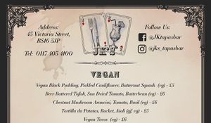 Vegan Menu at JK's Tapas Restaurant & Cocktail Bar in Bristol