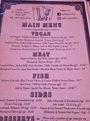 Menu at JK's Tapas Restaurant & Cocktail Bar in Bristol